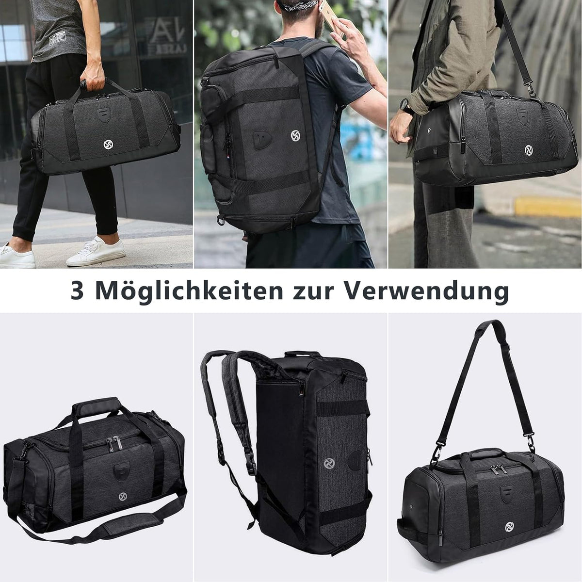 Gym Duffle Bag Backpack Waterproof Sports Duffel Bags Travel Weekender Bag for Men Women Overnight Bag with Shoes Compartment Black-Perfect Fathers Day Gifts for Dad/Men/Husband