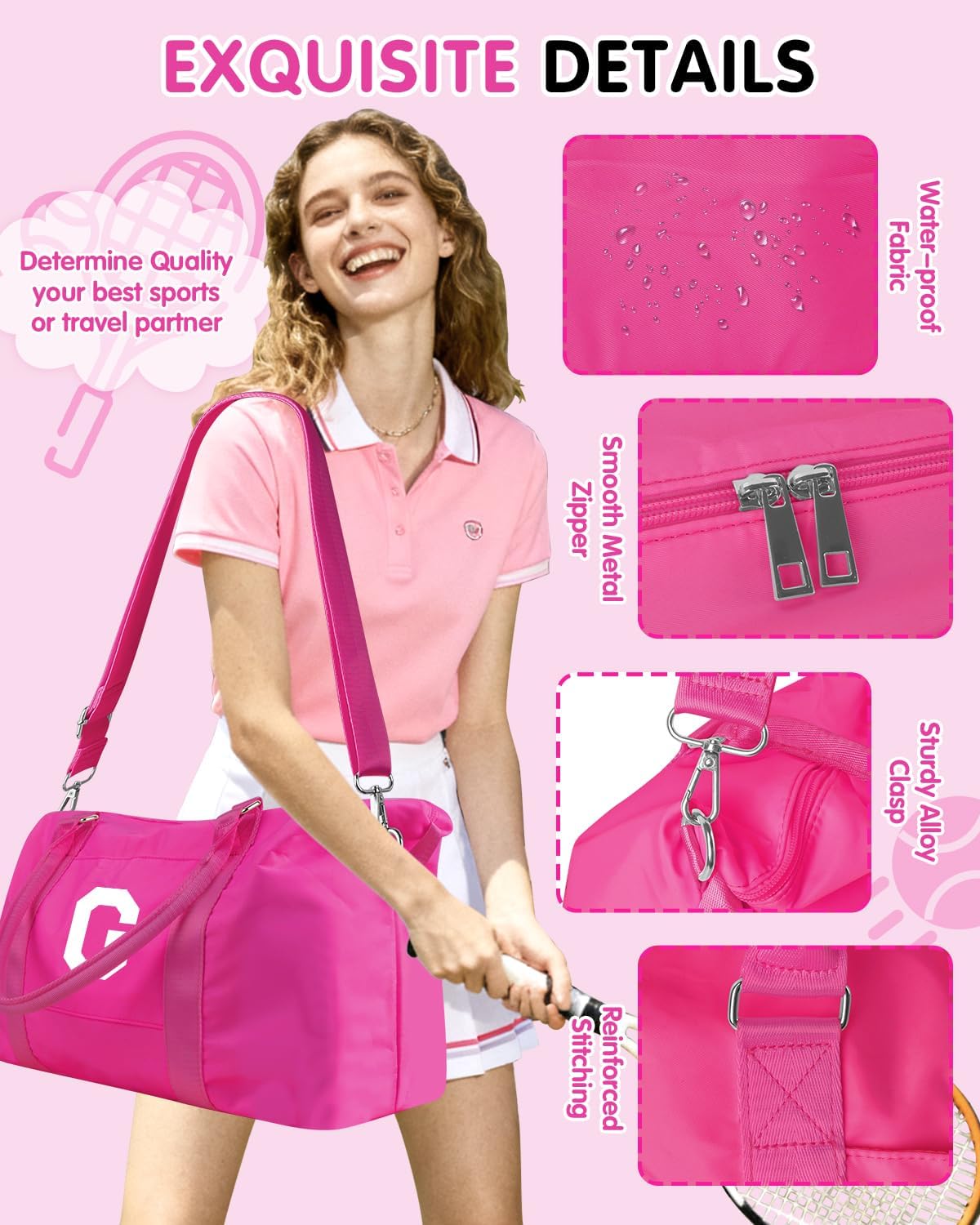 Overnight Bag for Kids Teen Girls Weekender Dance Bag Birthday Graduation Gifts,Initial Travel Duffel Bag Sports Gym Bag Personalized Weekender Bag Carry On Bags Preppy Gifts for Women(Hot Pink, G)