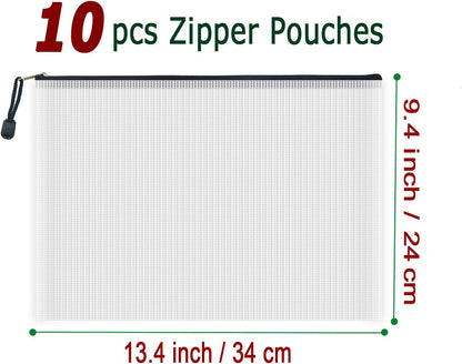 AUSTARK 10 Pcs Zipper File Bags, Waterproof Plastic Mesh Pouch for Office School, Board Game Storage Bags (A4 Size 13.4''x9.4'', White and Black)
