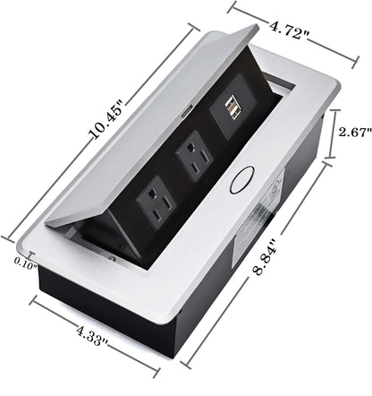 UL Approval Power Strip, Hidden Pop Up Outlet Table Connection Box, Desktop Socket with 2 Outlets & 2 USB Charging Ports for Conference Room Countertop (Silver)