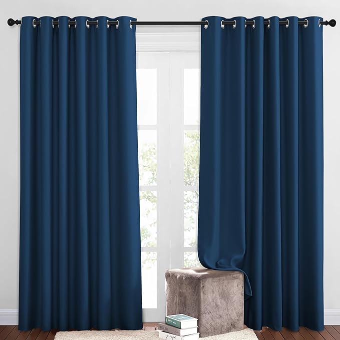 NICETOWN Blackout Living Room Curtains Extra Wide, Triple Weave Grommet Top Thermal Insulated Window Treatment Light Blocking Panels for Patio/Porch (Moroccan Blue, W80 x L84, Set of 2)