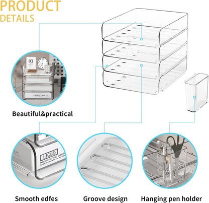 4-Tier Acrylic Paper Tray Organizer with Pen Holder | Clear Stackable Desk Organizer for Documents, Letters, A4 Paper | Modern Office/Classroom/Home Organization