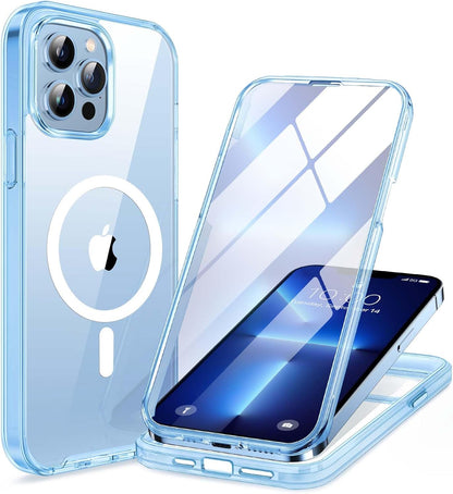 Miracase Magnetic for iPhone 13 Pro Max Case 6.7 inch, (Compatible with MagSafe) Upgrade Full-Body Clear Phone Bumper Case with Built-in 9H Tempered Glass Screen Protector, Magnetic Clear Blue
