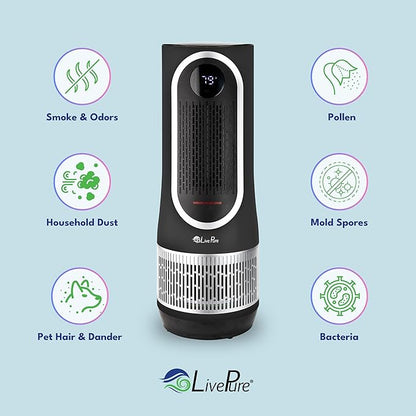 LivePure 3-in-1 LP500 Clean Heat Air Purifier & Electric Heater – Oscillating Portable Heater with 2 Heat Modes and Air Filtration – Heater for Indoor Use in Bedrooms, Home Office & Apartments, Black