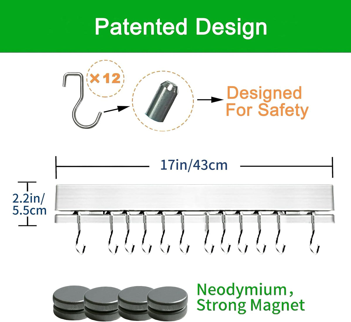 YIIYIIN 17 Inch Magnetic Knife Holder for Wall No Drill,Adhesive Knife Magnetic Strip with 12 Hooks,Kitchen Double Rods Stainless Steel Magnetic Utensil Holder(Silver)