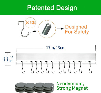 YIIYIIN 17 Inch Magnetic Knife Holder for Wall No Drill,Adhesive Knife Magnetic Strip with 12 Hooks,Kitchen Double Rods Stainless Steel Magnetic Utensil Holder(Silver)