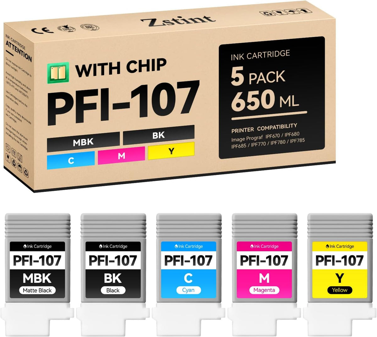 PFI-107 Ink Tank Set 5-Pack 130ml High Capacity Replacement for Canon PFI-107 PFI107 Ink Cartridges Compatible with Canon Color imagePROGRAF iPF670 iPF680 iPF685 iPF770 iPF780 iPF785 Inkjet Printer