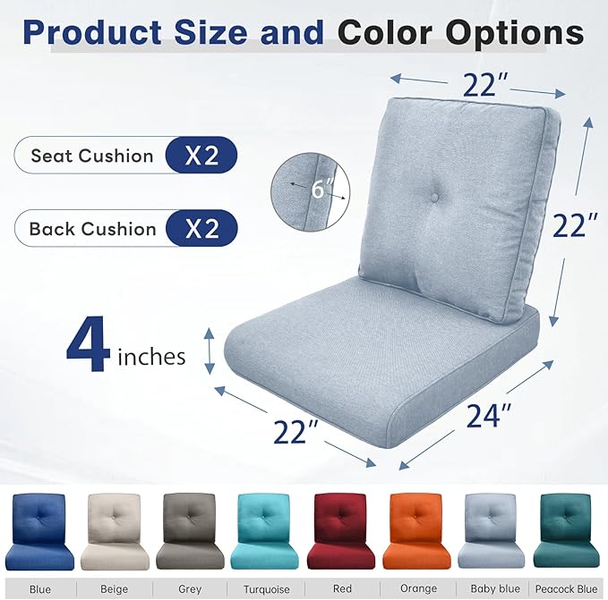Belord Luxury 4" Thick Outdoor Cushion 2 Set - 22 x24 Inch 28D Sponge Filling Fade-Resistant Chair Cushion, Spill Proof Removable Patio Furniture Replacement Cushions for Sofa Bench Swing - Baby Blue