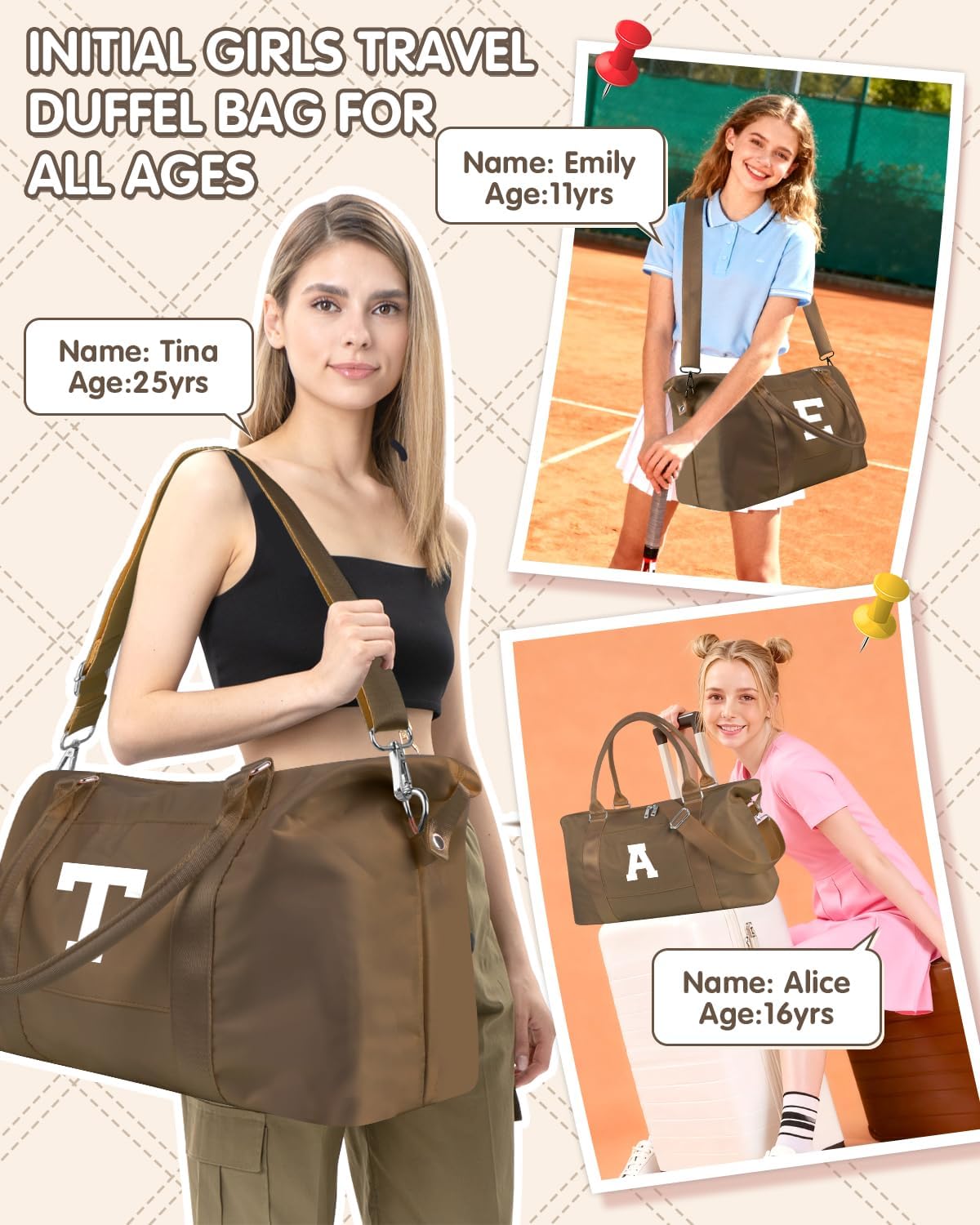 Birthday Graduation Gifts for Daughter,Initial Travel Duffel Bag Sports Gym Bag for Girls Teen Kids Birthday Gifts,Personalized Weekender Bag Carry On Tote Bags Cute Overnight Bag for Women(Brown, H)