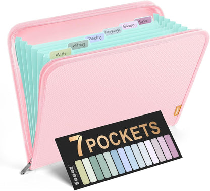 Sooez 7 Pockets Accordion File Organizer, Zipper Expanding File Folder, Heavy Duty Folder Organizer, Sleek Letter Size Accordion Folder, Portable Expandable File Folder for Documents, Pink
