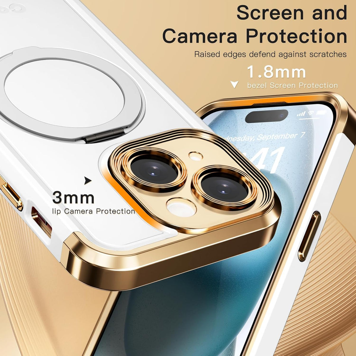 COOLQO for iPhone 14 Case 6.1'' Upgraded 360° Spin Magnetic Stand [Compatible with Magsafe][Military Grade Drop Protection] Shockproof Protective Phone Holder Cover for iPhone 14, White Gold