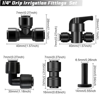 45 Pack Quick Connect 1/4" Drip Tubing Irrigation Fittings Kit Universal 1/4'' Drip Irrigation Tubing Connectors Leak Free Fitting Set Includes 10 Tee 10 Coupling 10 Elbow 10 End Cap 5 Shut Off Valve