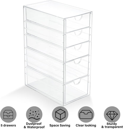 Prsildan Acrylic Drawer Makeup Organizer with 5 Drawers, Hair Accessories Organizer, Office Desk Organization, Clear Stackable Storage Drawers for Vanity, Countertop, Craft, Jewelry