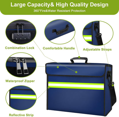 Fireproof Money Bags with Lock-6500°F Fireproof Document Box,10 Layers Insulation Materials&Waterproof Zipper,Removable Folder Layers/Wallet,Reflective Strip for Cash,Valuables(14.2”x 9.6”x 4.1”)