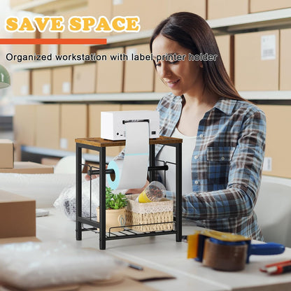 Label Holder Thermal Shipping Label Holder for Rolls & Fan-Fold, Sticker Roll Holder with Basket Desktop Label Roll Dispenser Accessory for Home, Office, Small Business, Rustic Brown