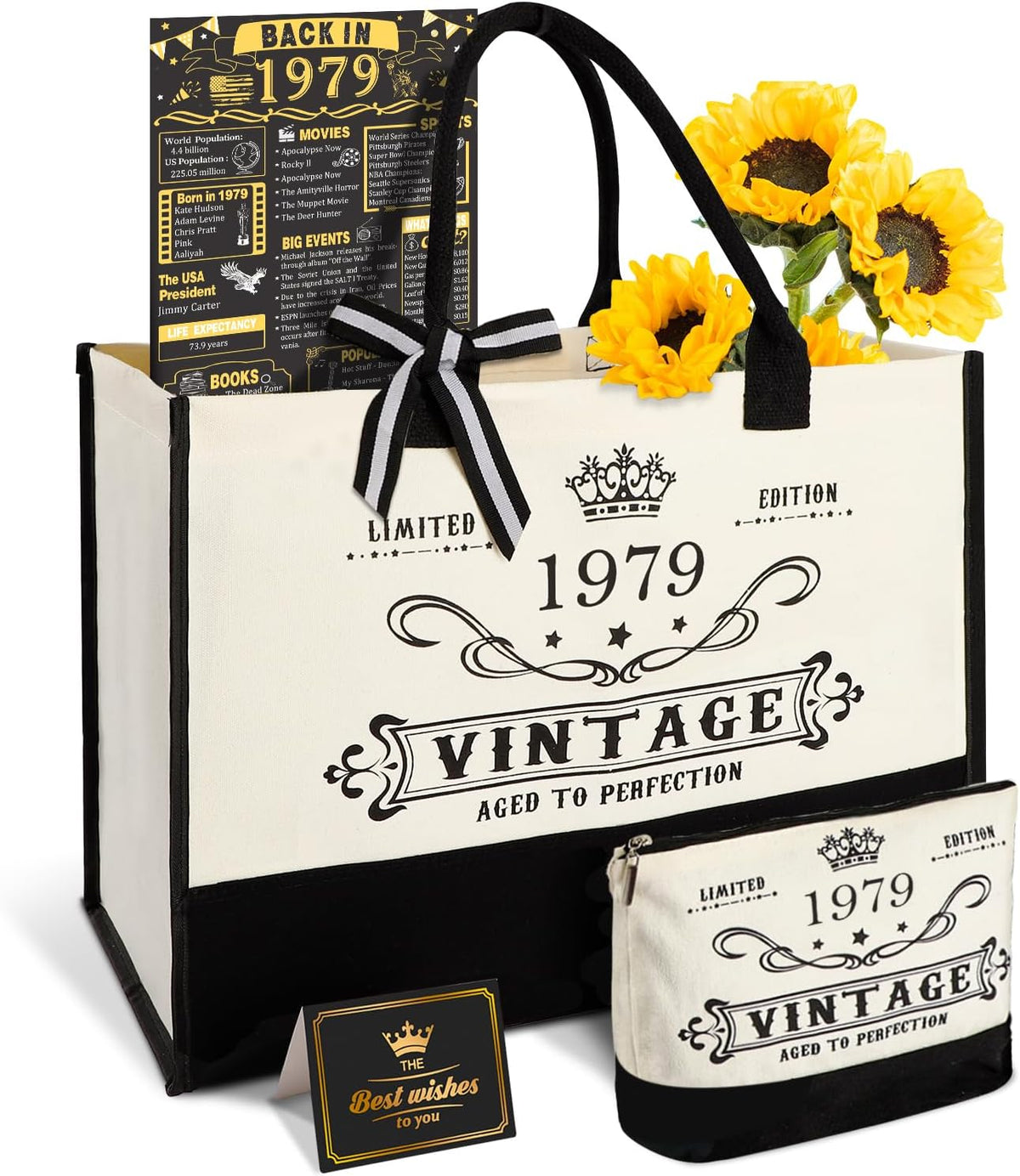 YeohJoy 46th Birthday Gifts for Women Canvas Tote Bag Travel Gear, Unique 46 Years Old Birthday Gifts for Girlfriend Sister Friends Her, Vintage 1979 Handbag & Cosmetic Bag & Back in 1979 Poster