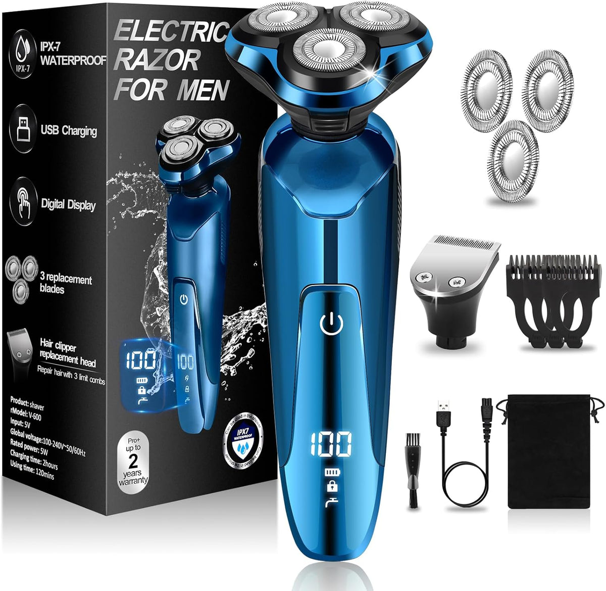 Electric Razor for Men,Men’s Electric Shavers Rotary,LED Display 100% Waterproof Cordless Razor, Wet/Dry Shaving,Shaver for Men Replaceable Blades Portable Travel Razors