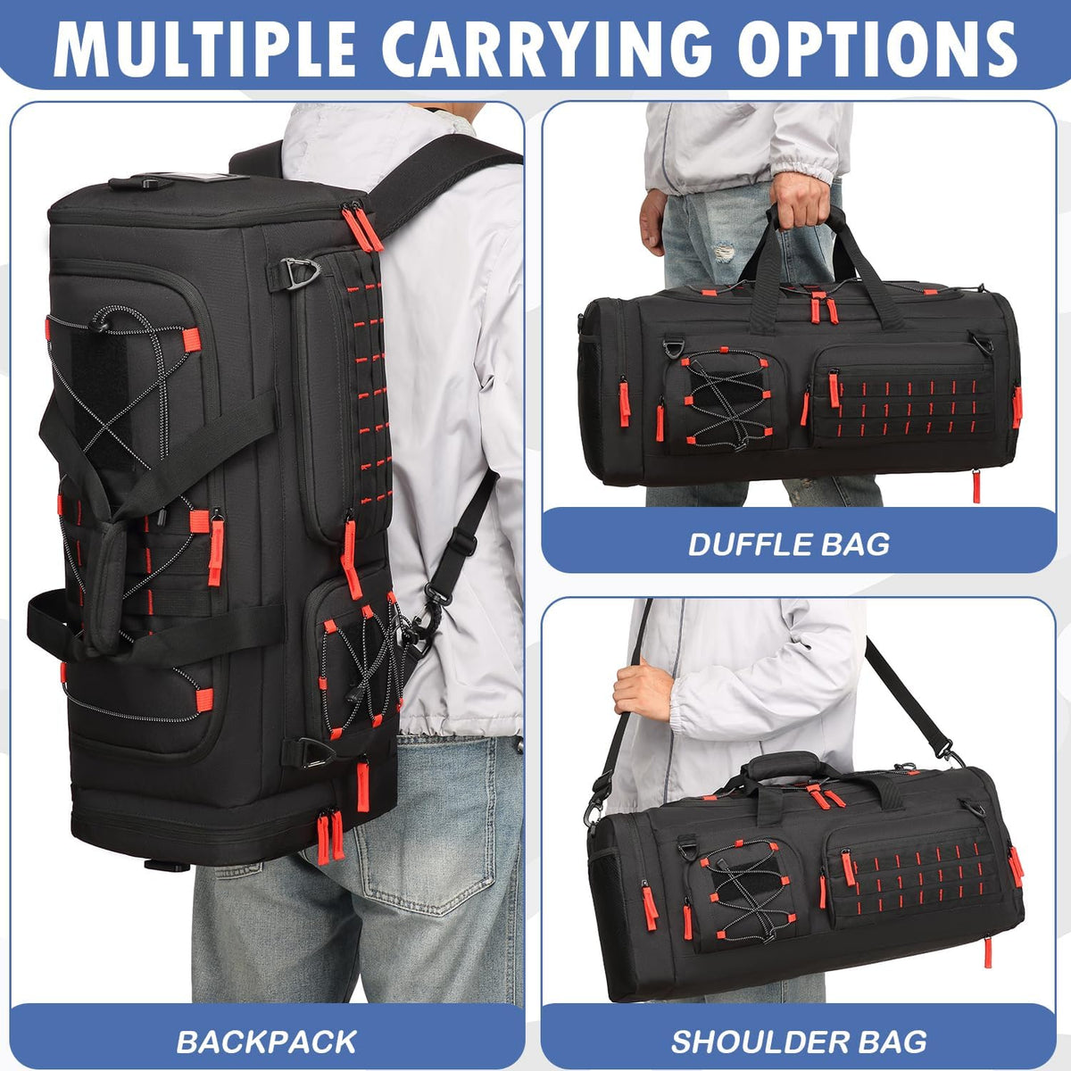 Gym Bag for Men and Women, 50L Extra Large Duffle Bag, 3-in-1 Travel Sports Duffel Bags with Shoe & Laptop Compartment for Overnight Weekender Gym Traveling Workout Deployment, Black+Red