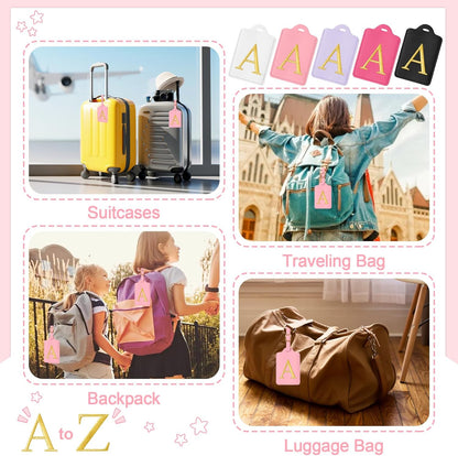 Initial Luggage Tags for Suitcases, Cute Embroidered Letter Luggage Bag Suitcase Identifier Name Baggage Tag, PU Leather Travel Luggage Tags, Bag Tags for Men Women Kids Luggage Handbags(Pink A)