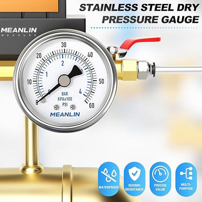MEANLIN MEASURE 0~60Psi Dry Pressure Gauge Stainless Steel 1/8" NPT 2" FACE DIAL Waterproof for Pool Filter Pump Oil Air Compressor Tire Pressure Tester Back Mount with 1/4"NPT and 3/8"NPT Hex Bushing