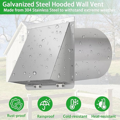 6 Inch Hooded Wall Vent with Screen and Damper,6 Inch Exhaust Vent Cover Cap for Outdoor Kitchen Range Hood Dryer Ventilation,Outside Wall Mount Extractor for House Air Exhaust, Stainless Steel