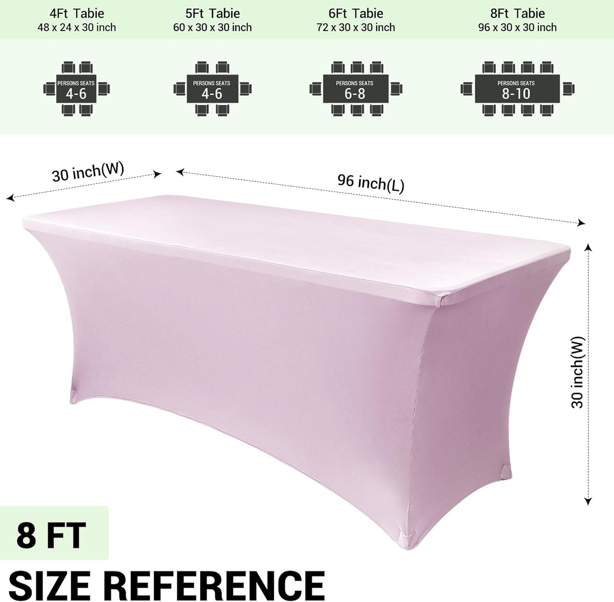 Obstal Spandex Table Cover 8ft Fitted Tablecloth Rectangular - Stretch Rectangle Folding Table Cloth for Birthday Party Wedding Banquet, Light Pink, 96L x 30W Inch
