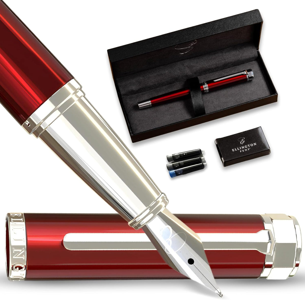 Luxury Fountain Pen Set- Fountain Pens for Writing - Smooth Extra Fine Nib - Includes Refillable Ink Converter, 3 Ink Cartridges [Black & Blue], Gift Box - Elegant Calligraphy