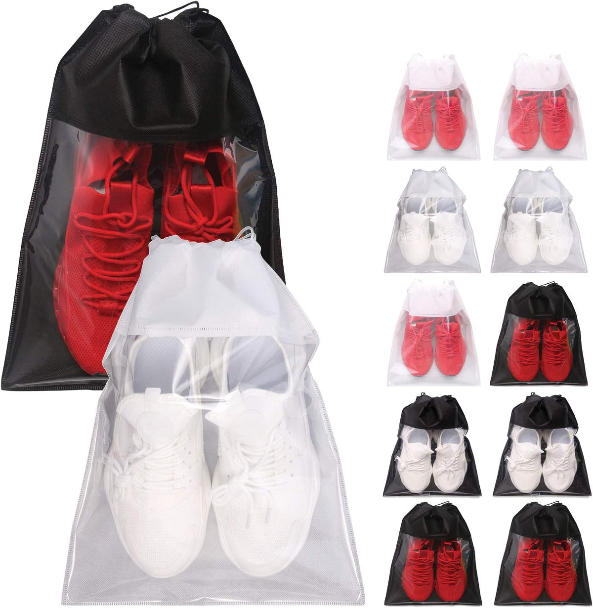 12 Pack Portable Shoe Bags for Travel Large Shoes Pouch Storage Organizer Clear Window with Drawstring for Men and Women 6 Black 6 White