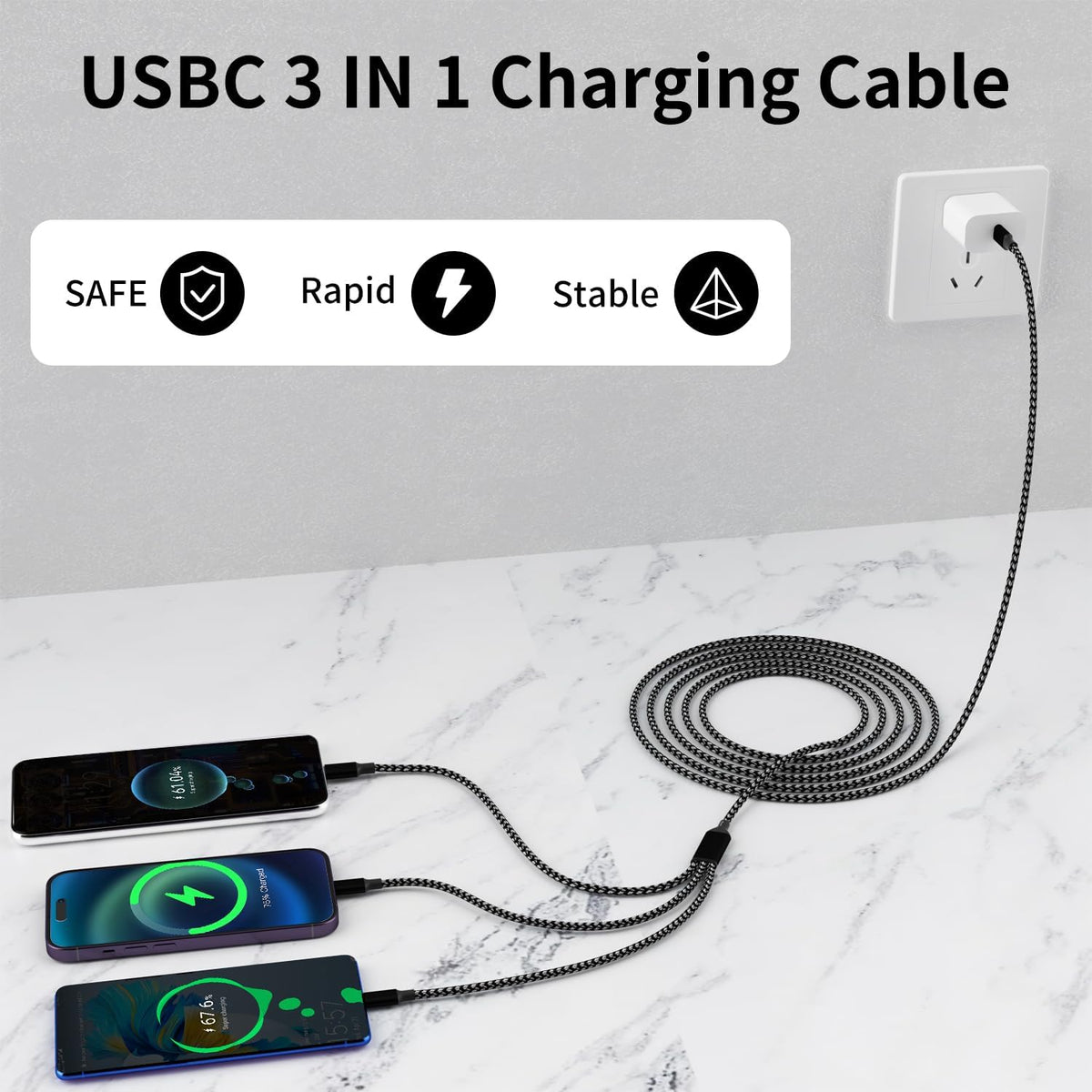 USB C Multi Charging Cable [2Pack 4FT], 3 in 1 Charging Cable Nylon Braided USB-C Multiple Charger Cord with Type-C, Micro USB and IP Port for iPhone 16/15 Series/Cell Phones and More