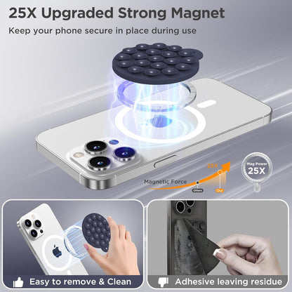 Magnetic Suction Cup Phone Mount for MagSafe Case, Silicone Hands-Free Grip Holder for iPhone and Android, Mirror Shower Phone Stand for Makeup FaceTime Gym Kitchen Bathroom, Midnight Blue