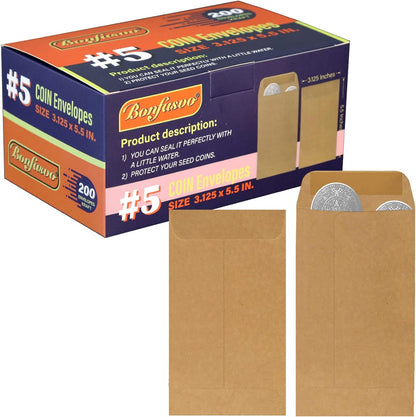 200 Pack #5 Kraft coin envelope 3.125 x 5.5 inches Kraft Envelopes Classic Small Parts Envelopes with Self Adhesive Gummed Flap for Coins Cash Credit Cards Seeds