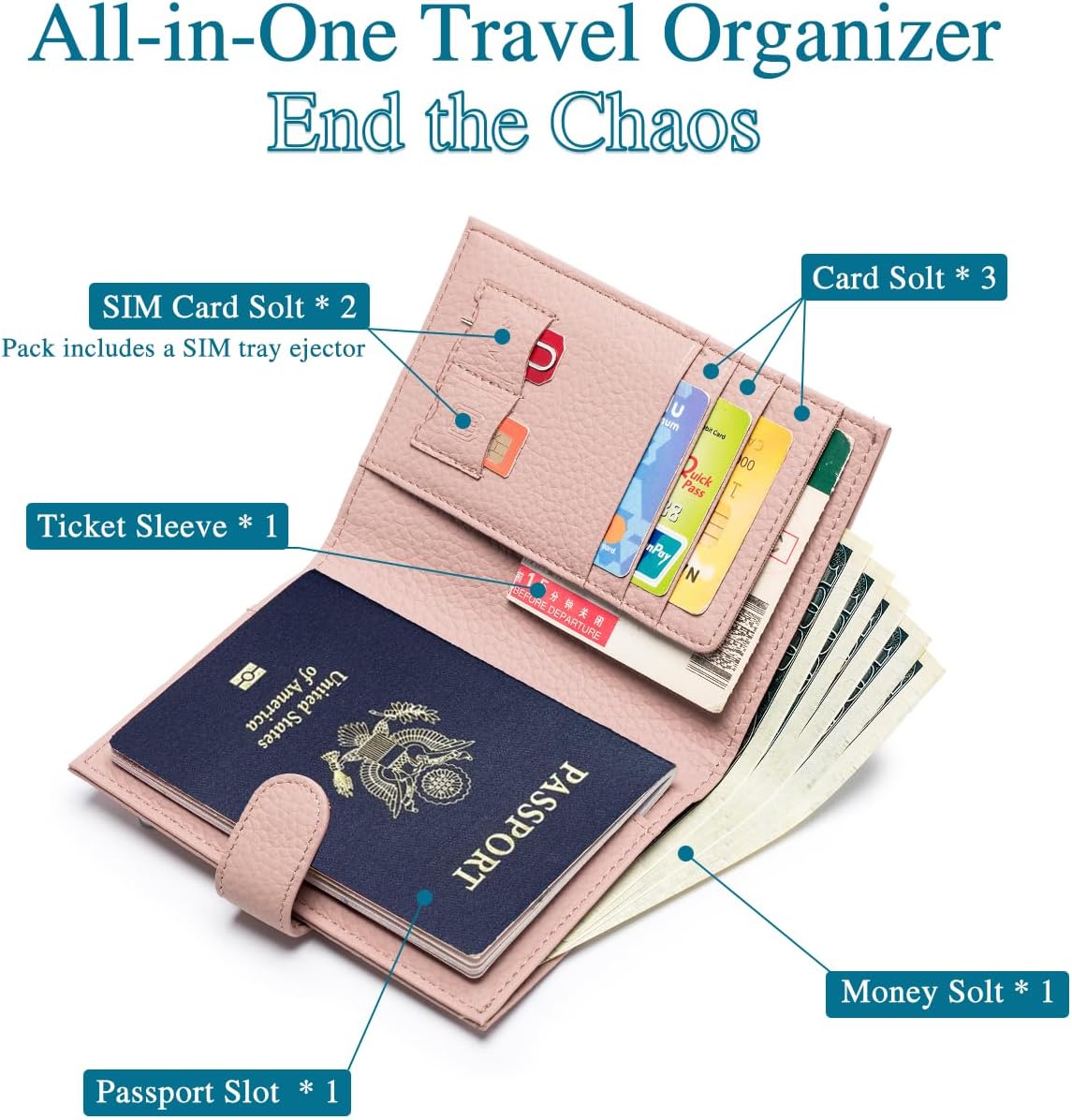 Leather RFID Slim Passport Holder for Travel Women – Passport Wallet for Men with Passport Cover & 3 Card Slots, Zippered Coin Pocket, Cash Holder – Travel Organizer Christmas Gift Box (Pink)