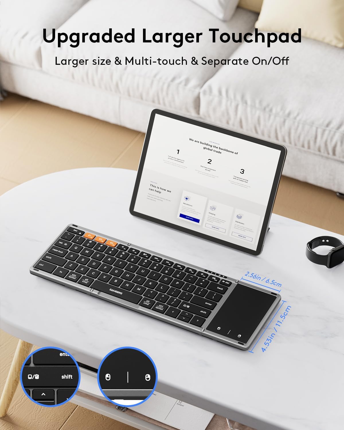 Samsers Foldable Bluetooth Keyboard with Touchpad, Full-Size Wireless Folding Key Board with PU Leather, Portable Travel for iOS Android Windows Mac OS, Support 3 Devices (BT5.1 x 3)