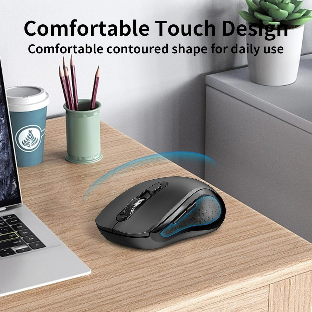 Wireless Mouse Ergonomic, Side Buttons Mouse, 2400 DPI, Silent and Anti Slip Roller Cordless Mice, 2.4Ghz with USB Receiver, 6 Buttons, Suitable for Laptop PC Chromebook and Windows 11/10/7 - Black