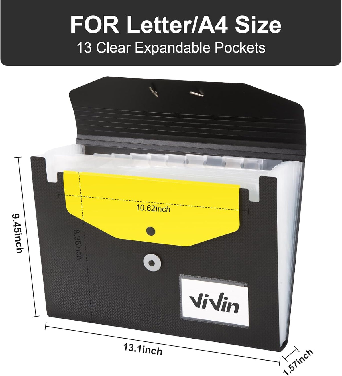 ViVin Expanding File Organizer, 13-Pocket Accordion Filing Folders with Extra Pocket & Color Tabs, Sturdy Expandable Ducument Organizer for Receipt Bills Invoice, Letter/A4 Size - Black