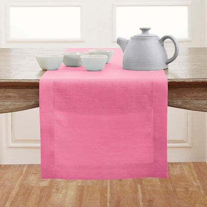 Solino Home Linen Flamingo Pink Table Runner 132 Inches Long - 100% Pure Linen Extra Long Table Runner 14 x 132 Inch for Christmas - Classic Hemstitch