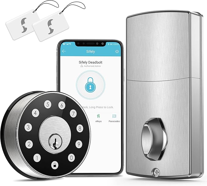 Keyless Deadbolt Smart Door Lock: Sifely Digital Keyless Entry Door Lock for Front Door, Code & Fob Access, App Control, Auto Lock, Easy to Install (Silver)
