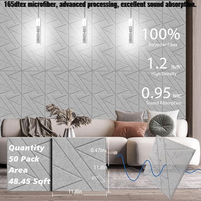 50 Pack Bulk Self-Adhesive Soundproof Wall Panels, 1.2lb/ft³ High Density