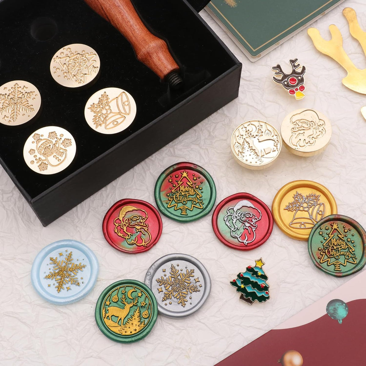 SWANGSA Christmas Wax Seal Stamp Gift Box Set, Vintage 6 Sealing Stamp Heads + 1 Wooden Hilt, Wax Stamp Kit for Christmas Party Invitations, Cards and Gift Packaging (Christmas Kit)