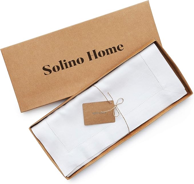 Solino Home Linen White Table Runner 156 Inches Long - 100% Pure Linen Extra Long Table Runner 14 x 156 Inch for Christmas, Holiday, New Year - Classic Hemstitch
