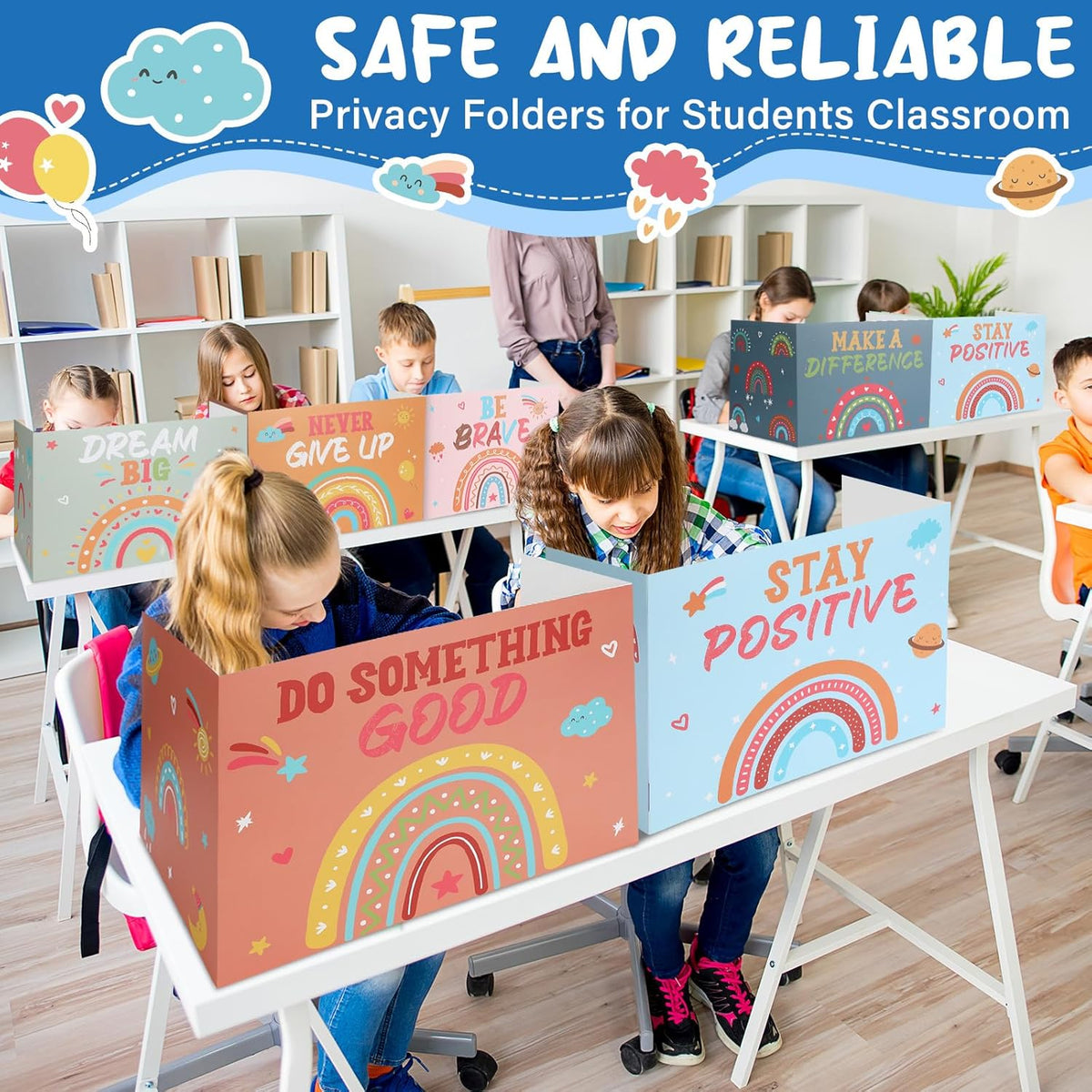 Honoson 24 Pcs Bulk Inspirational Privacy Folders for Students Cardboard Test Privacy Boards Motivational Words Desk Dividers Shield for Classroom School Study Supplies, 6 Styles (Boho)