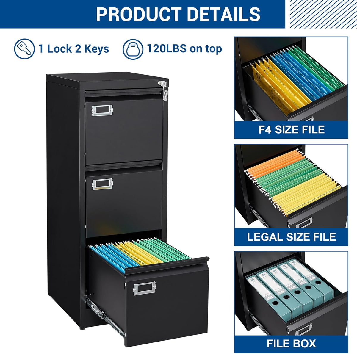 Vertical File Cabinets - 3 Drawers 17.8" Deep Lockable Filing Cabinet - Metal Storage Cabinets for Home Office to Hanging Files Letter/Legal/F4/A4 Size