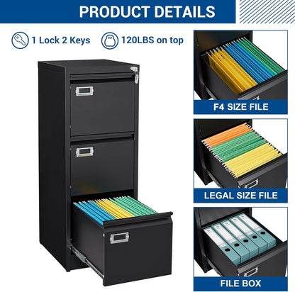 Vertical File Cabinets - 3 Drawers 17.8" Deep Lockable Filing Cabinet - Metal Storage Cabinets for Home Office to Hanging Files Letter/Legal/F4/A4 Size