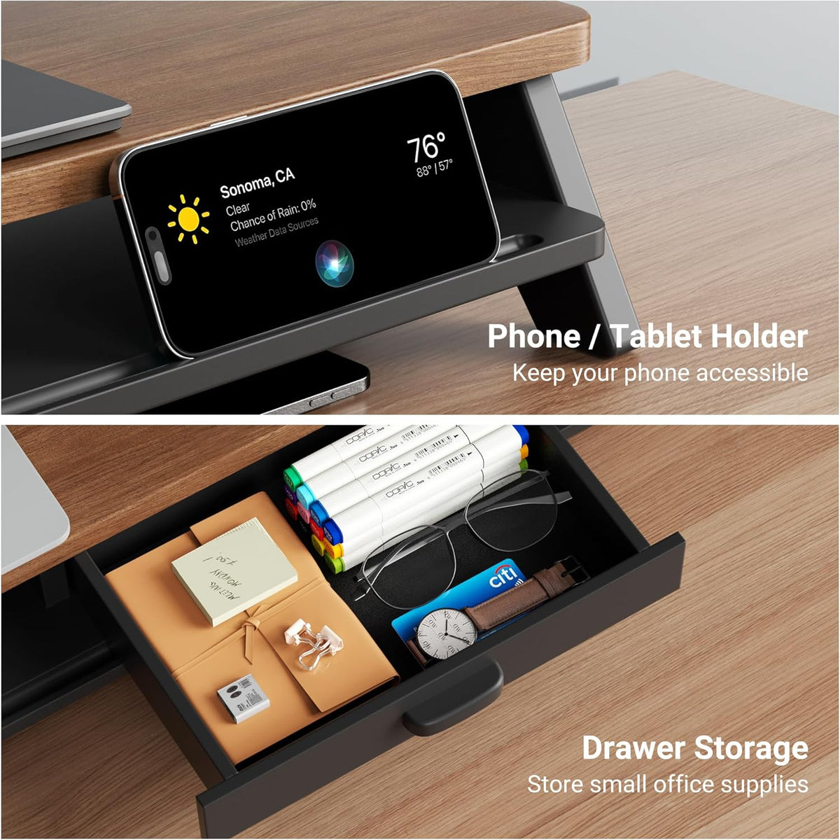 Dual Monitor Stand Riser,LED 2-Tier 39.3 Inch Computer Monitor Stand for 2 Monitors,Office Desktop Organizer with Storage Drawer and Phone Holder for Laptop,PC,Computer,Printer,Walnut
