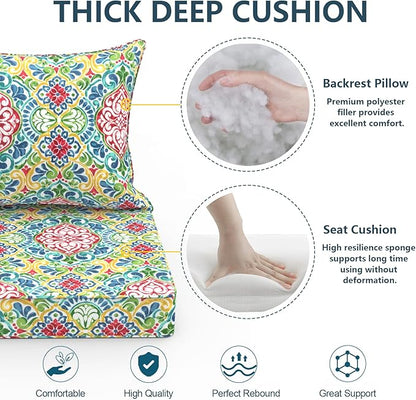 Outdoor Deep Seat Cushion Set, Water Repellent 24"x24" Patio Thick Cushions Replacement with Seat & Back Pillow for Patio Sofa, Wicker Chair, Couch - Damask Red