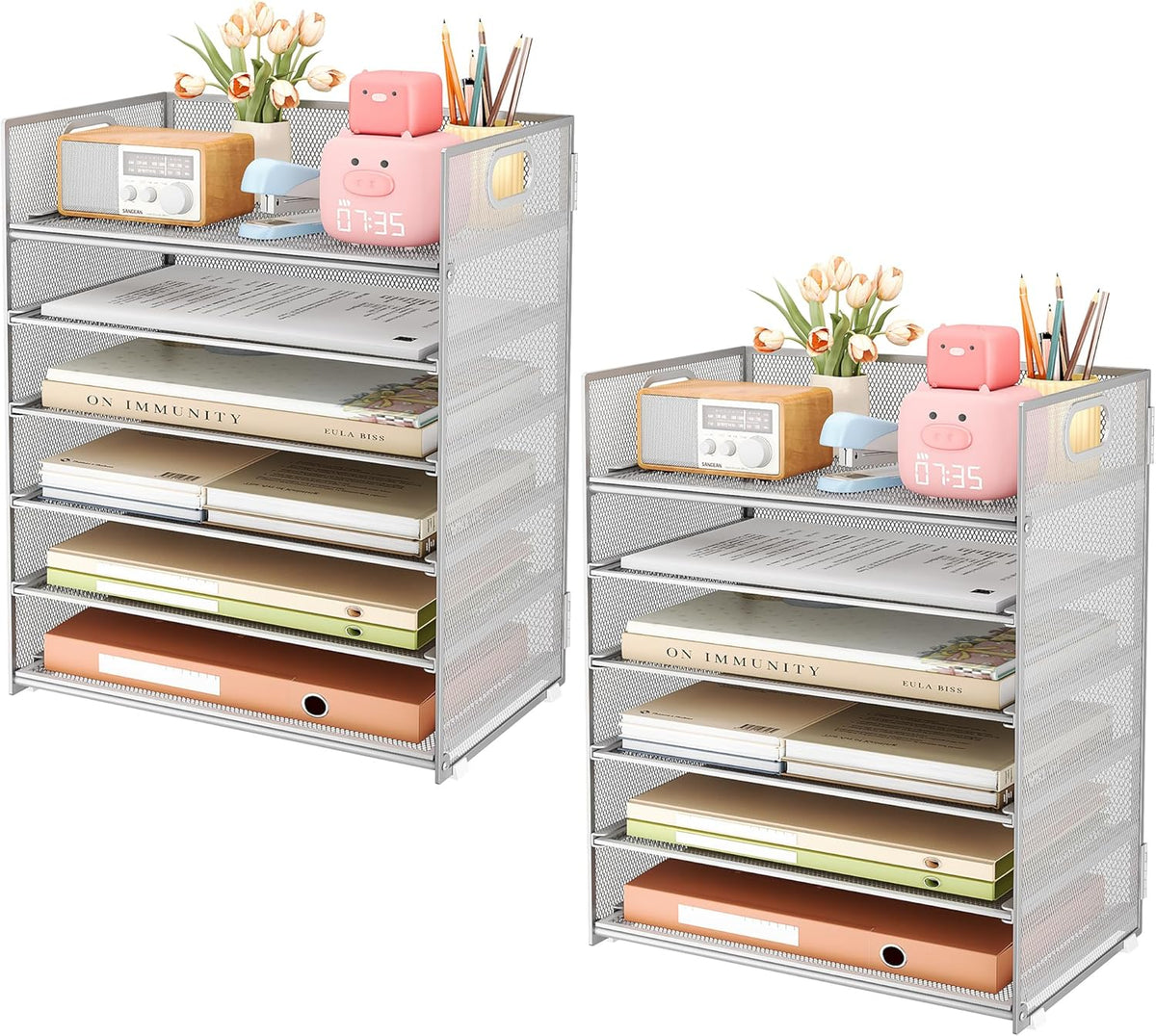 Subekyu 6-Tier Desk Paper Organizer, Desktop File Letter Tray with Handle, Document Sorter and Accessories Holder for Office, Home and School Workspace Organizers, Silver - 2 Pack