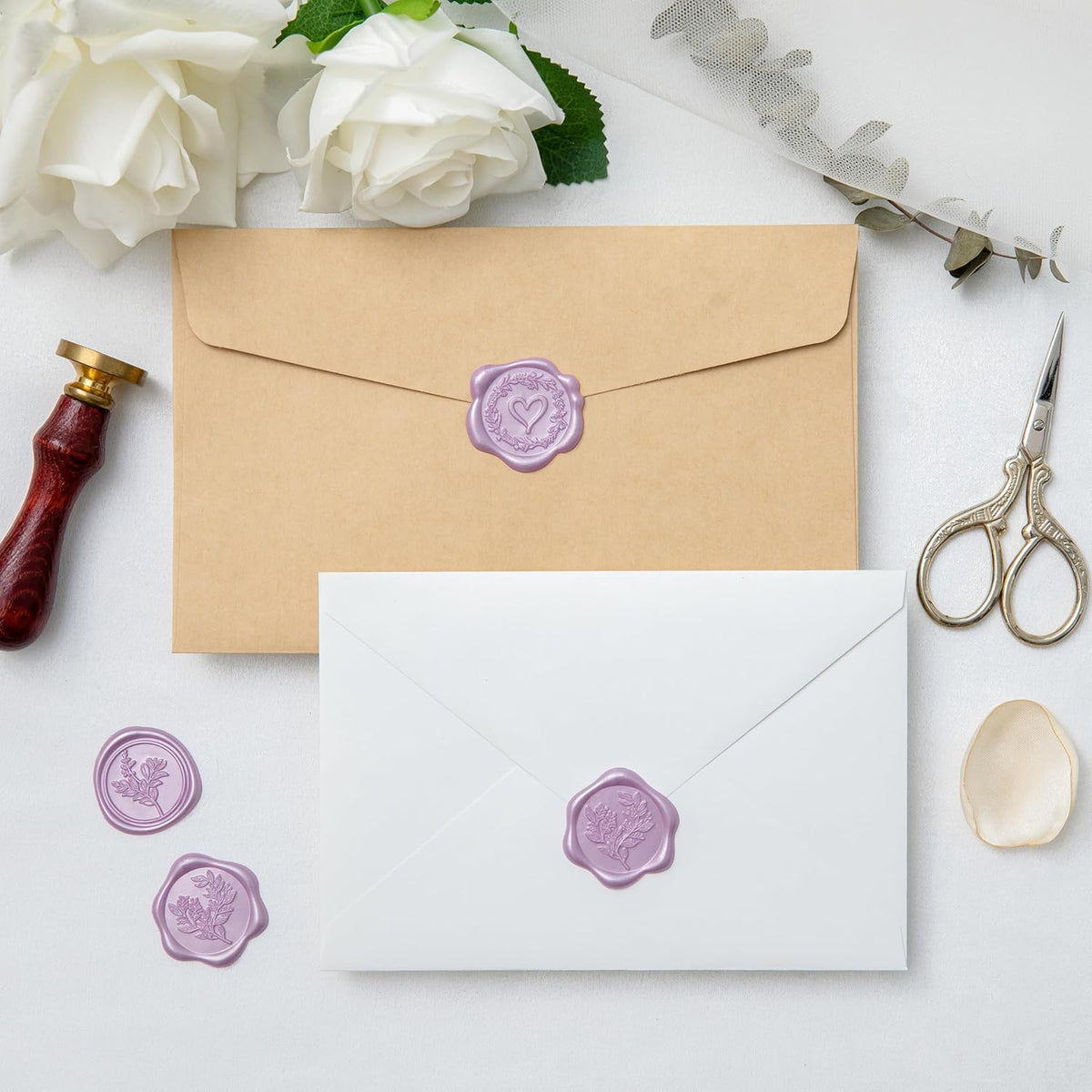60 Pcs Lilac Wax Seal Stickers Self-Adhesive Envelope Seals Stamp Stickers, Perfect for Wedding Invitations Seating Chart Christmas Gift Wrapping 3 Designs in 1 Pack