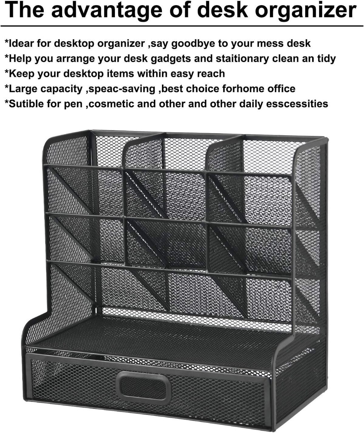 Marbrasse Mesh Pen Holder for Desk, Multi-Functional Pencil Organizer with Drawer, Desk Organizers and Accessories for Office Art Supplies (Large Black)