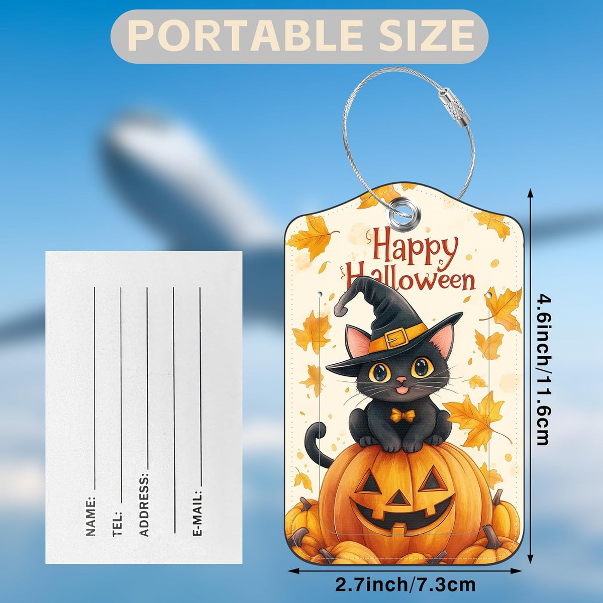 Halloween 2 Pack Luggage Tags for Suitcases Cute Black Cat on Pumpkin Leather Luggage Tags Privacy Cover ID Label with Stainless Steel Loop and Address Card for Women Men Travel Bag Backpack