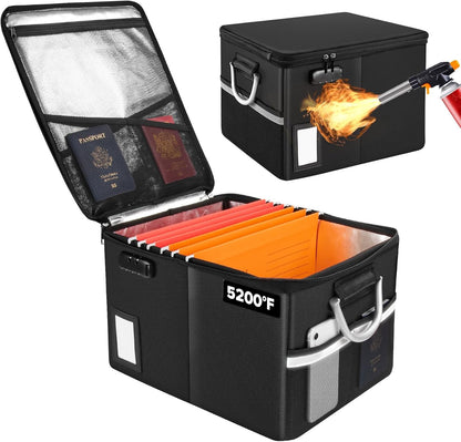 TOMKID 5200°F Fireproof Document Box, Fire Important Document Organizer with Lock, Upgraded Heat Insulated Filing Storage Cabinet Office Organization (5200°F Fireproof Box, Black)